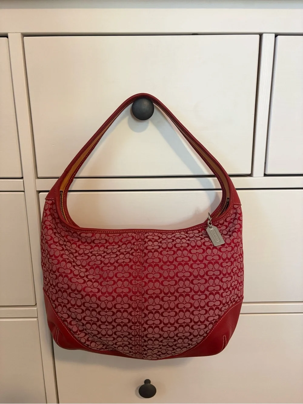 Coach Red Signature Canvas Hobo Bag with Leather Trim